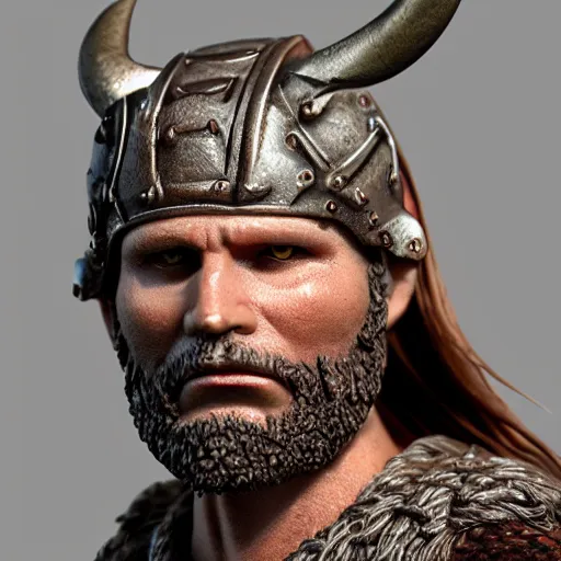 Image similar to of a 3d clay model of a viking from valhalla, wearing the horned helmet ultra fine detail, hair strands, ultra high resolution, fine texture detail, miniature painting techniques, perfect proportions, marvel cinematic universe, eric bana