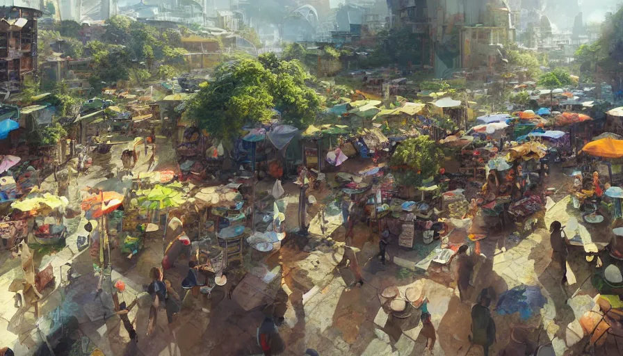 Image similar to craig mullins and ghibli digital illustration of solarpunk farmers market festival under a force field, scifi, colorful, unreal engine, hyper realism, realistic shading, cinematic composition, realistic render, octane render, detailed textures, photorealistic, wide shot