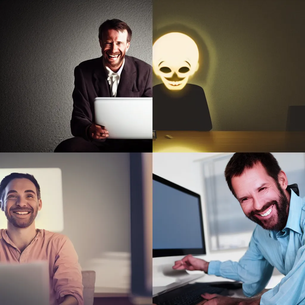 Prompt: a creepy smiling man sitting in the dark looking at a computer screen, highly detailed 4K photo