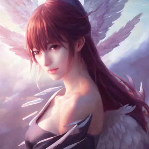 Image similar to an oil painting of a beautiful anime girl with wings, by artgerm, wlop and greg rutkowski, hd, hdr, ue 5, ue 6, unreal engine 5, cinematic 4 k wallpaper, 8 k, ultra detailed, high resolution, artstation, award winning