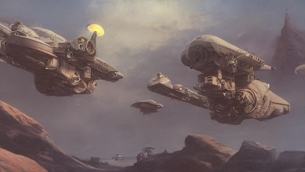 Image similar to small organic dropship lander by john schoenherr and jim burns, epic cinematic matte painting