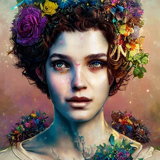 Image similar to Lofi biopunk portrait beautiful woman with short brown curly hair, roman face, unicorn, rainbow, floral, Pixar style, Tristan Eaton, Stanley Artgerm, Tom Bagshaw