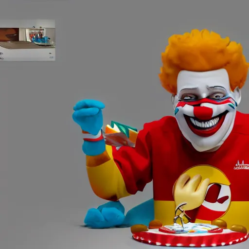 Image similar to Ronald Mcdonald with a birthday cake wearing a miami dolphins jersey, concept art, cgsociety, octane render, trending on artstation, unreal engine 8k,