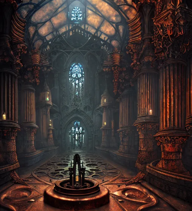 Image similar to steam necropolis, memento mori, gothic, neo - gothic, art nouveau, hyperdetailed copper patina medieval icon, stefan morrell, philippe druillet, ralph mcquarrie, concept art, steampunk, unreal engine, detailed intricate environment, octane render, moody atmospherics, volumetric lighting, ultrasharp, ominous, otherworldly