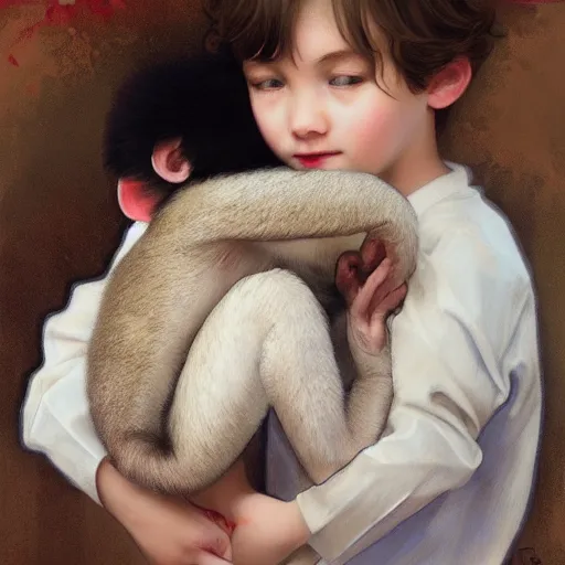 Prompt: young boy wearing white fabric pajama with cartoon paintings on it hugging a small monkey in his hands. highly detailed, digital painting, artstation, concept art, smooth and sharp focus, cg by tian zi and wlop and alphonse mucha