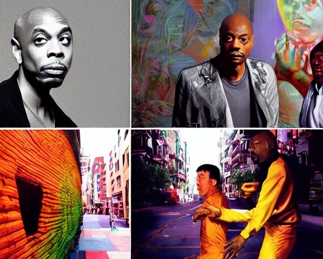 Prompt: Dave Chappelle, Kayne West, and Jackie Chan doing LSD, a photo of Chinatown Streets By Rainer Hosch, and Alex Grey