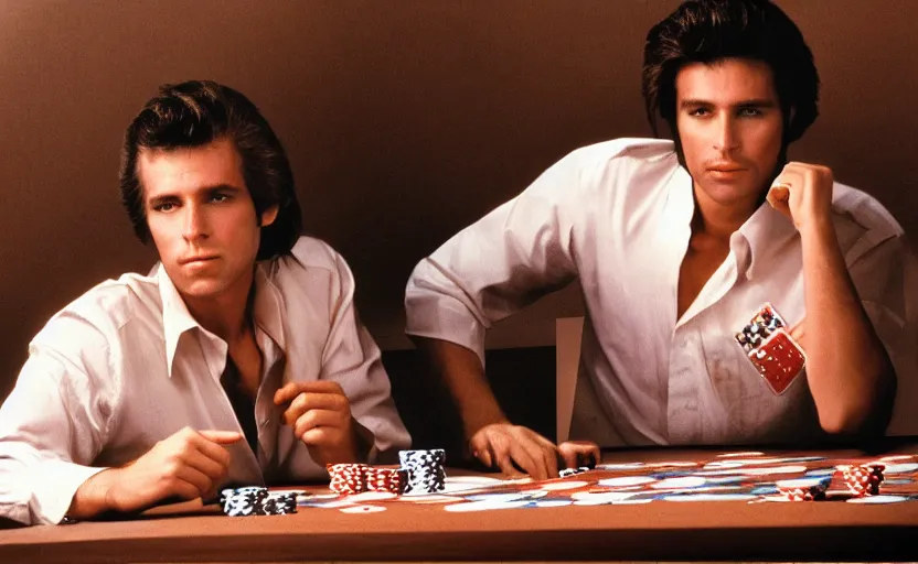 Prompt: color photo of a photomodel handsome man playing poker. las vegas. 8 0's style