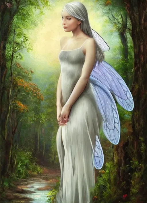 Image similar to beautiful oil painting full body portrait of fairy princess princess soft skin silver hair standing in forest, wings, diadem