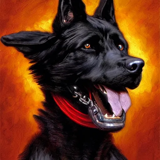 Image similar to a portrait of a black german shepard dogman canine star trek captain red shirt full body. highly detailed painting by gaston bussiere, craig mullins, j. c. leyendecker, furry