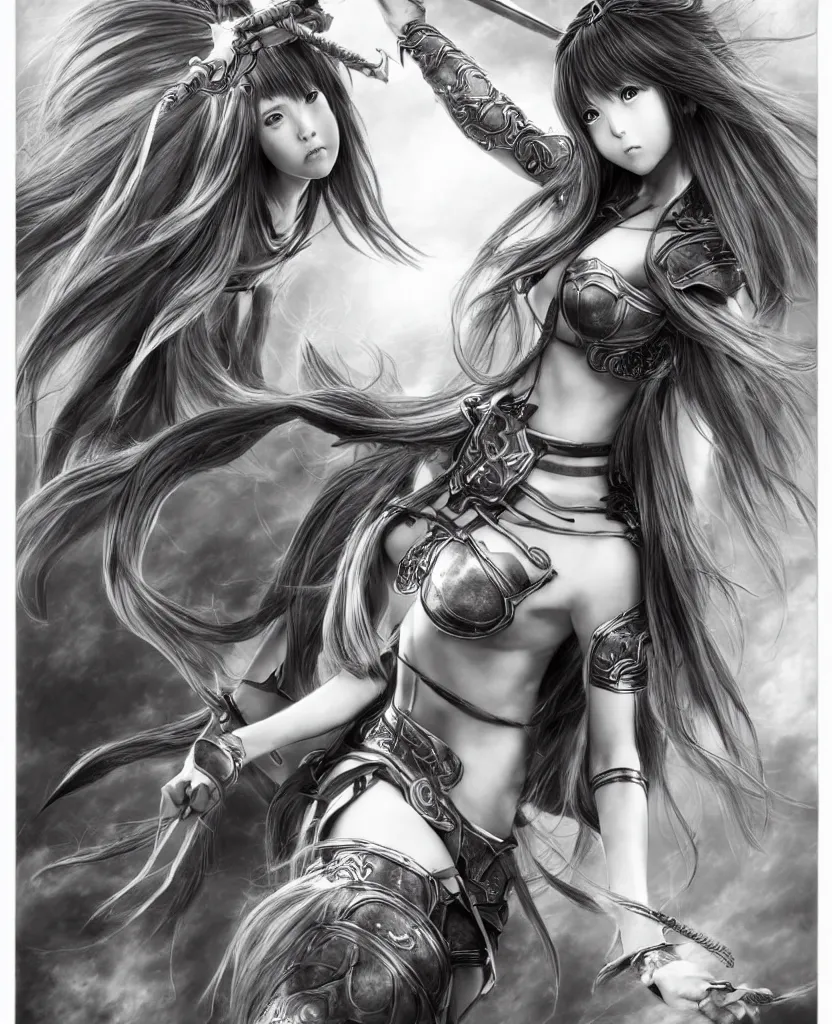 Image similar to hyper - realistic pencil drawing of a fantasy warrior anime woman withwith long hair twirling, very exaggerated fisheye perspective, art by shinichi sakamoto