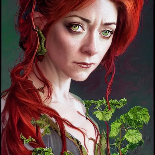 Prompt: a stunningly detailed illuminated manuscript of a beautiful alyson hannigan dressed as poison ivy with white skin and with hair pulled up in a ponytail, dark eyeliner, intricate, elegant, highly detailed, digital painting, artstation, concept art, sharp focus, illustration, art by greg rutkowski and alphonse mucha