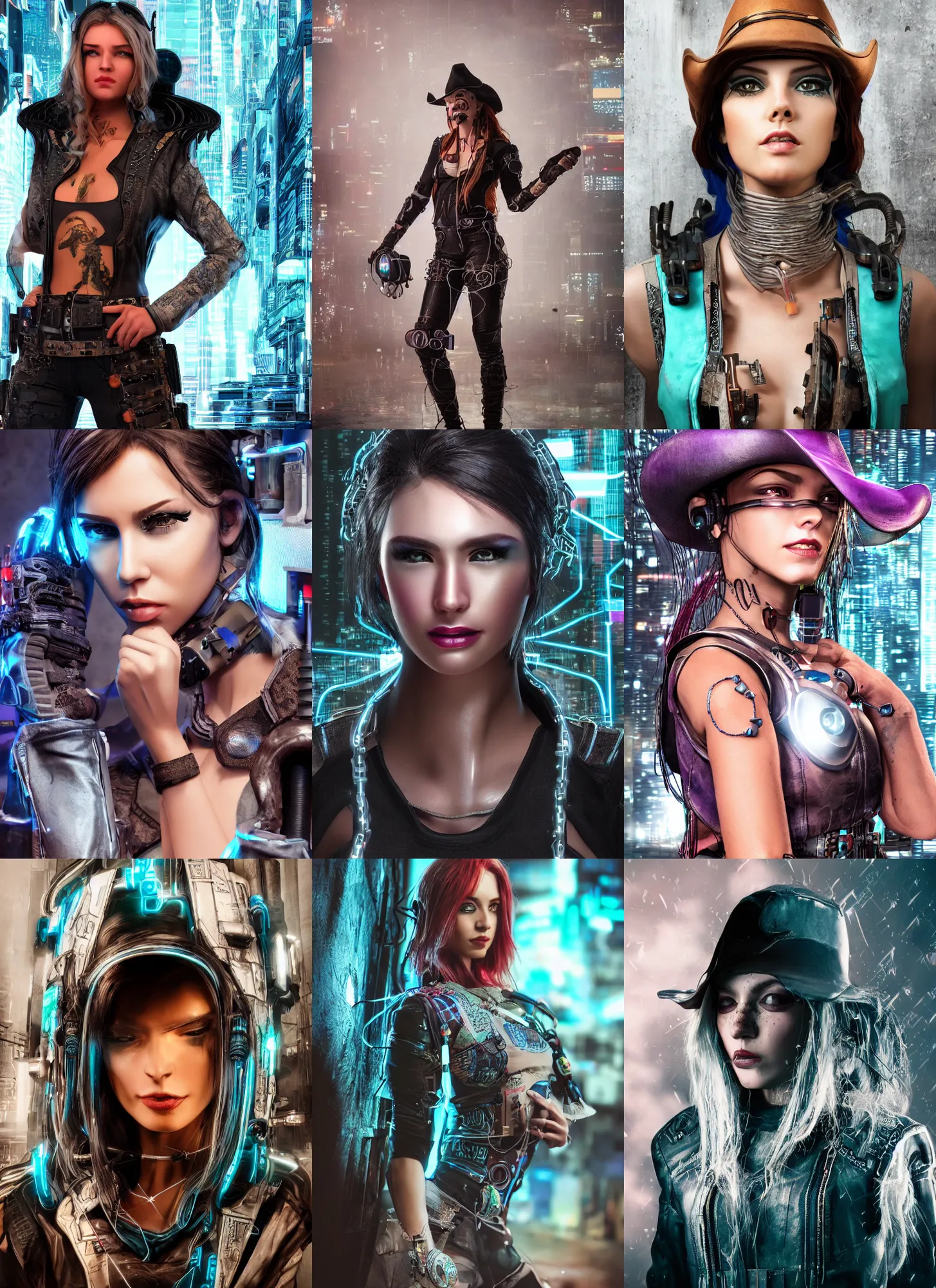Prompt: full body realistic photograph of a cyberpunk cowgirl beautiful face, intricate clothing, 4 k, cinematic