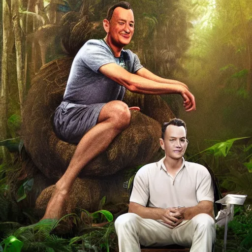 Prompt: Tom Hanks as forrest gump sitting on a giant shrimp in the jungle, realistic digital painting, in the style of Vitaly Samarin Alexiu, photoreailstic, realistic face, amazing detail, sharp