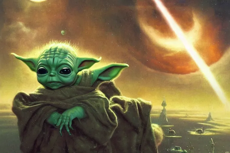 Prompt: a baby yoda in a spaceship by Bruce Pennington, hyperdetailed, dramatic cinematic lighting, trending on artstation