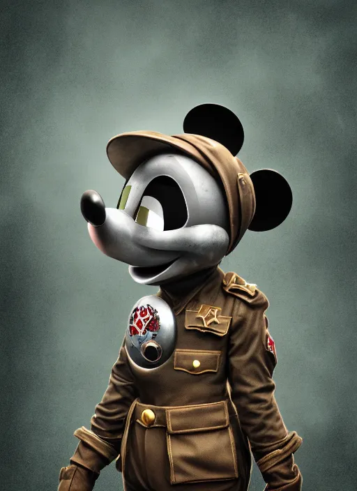 Prompt: 1 9 4 5 wartime mickey mouse, gas mask, automotive, flower pop, porcelain, fractal, leathery, wet, broken, melting, rococo, mycelium, baroque, sumerian, radiant alien, magic kingdom, octane render, high detail