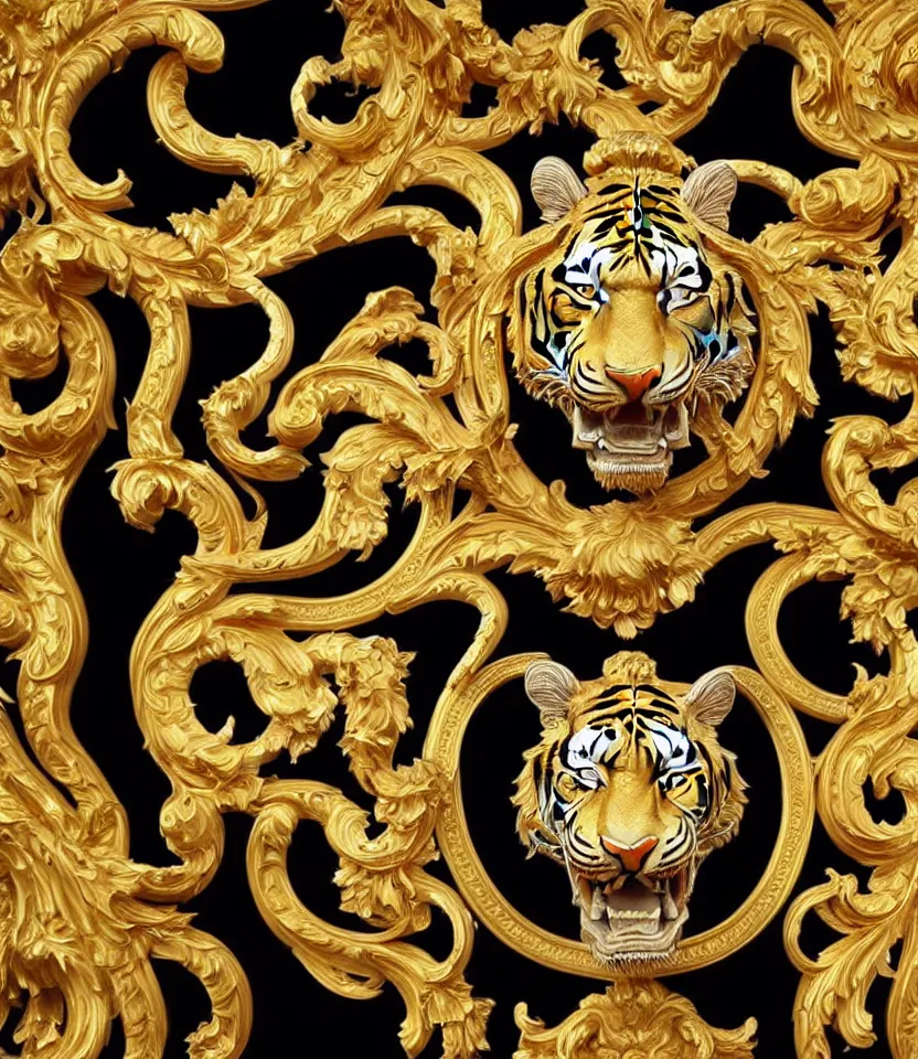 Prompt: beautiful portrait of a large ornate and intricate rococo tiger face, symmetric, carved marble with gold accents, 3 d, photorealistic, front facing, centered, hyper detailed, gold plated on black background, wallpaper, detailed and intricate emblem, baroque medallion,