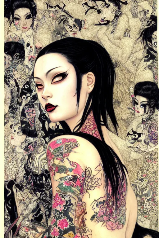 Image similar to portrait of goth yakuza girl with tattoo, highly detailed, artstation, illustration, art by Gustav Klimt