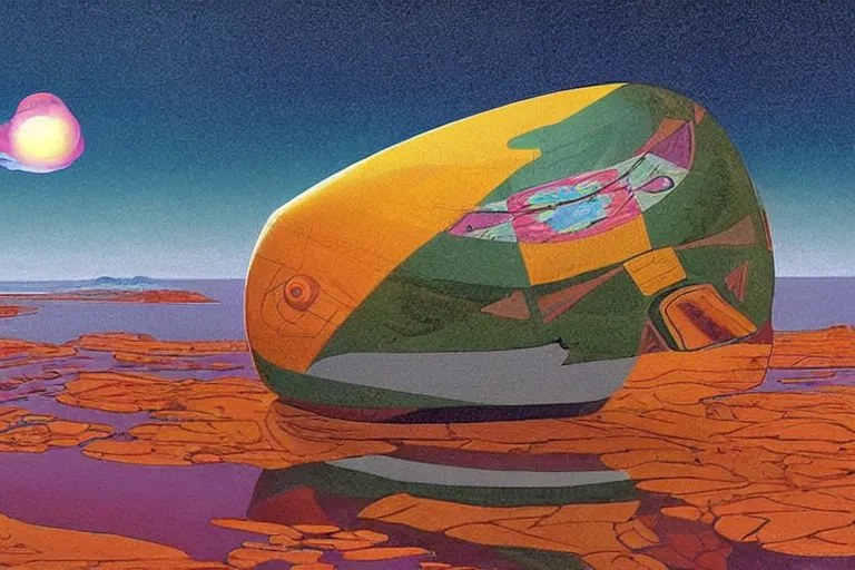 Image similar to a giant ((((metallic)))) floating sphere covered in canadian colorful aboriginal patterns!! hovering above a Yukon lake, (painted by Ralph McQuarrie), matte painting, very detailed, concept art