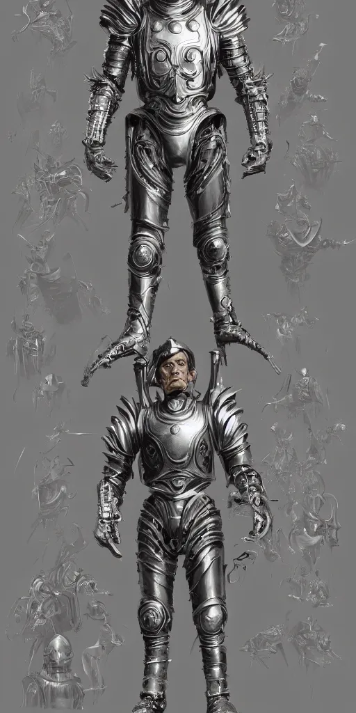 Image similar to powerful male tin man, willem dafoe as tinman, full body character concept, covered in full metal armor, art nouveau, super powers, fantasy, intricate, elegant, highly detailed, digital painting, artstation, concept art, shining, sharp focus, illustration, art by stanley lau