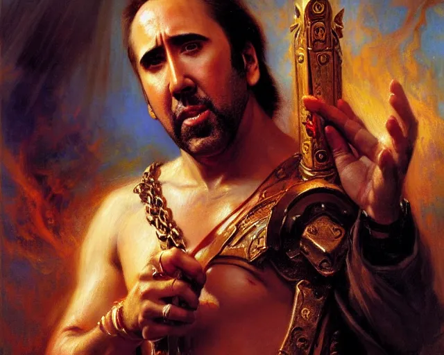 Image similar to attractive nicolas cage as a god. highly detailed painting by gaston bussiere, craig mullins, j. c. leyendecker 8 k