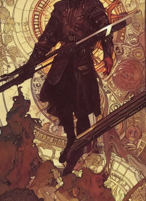 Image similar to keanu reeves in the slumps aiming crossbow brown skin golden hair brown leather armor high fantasy dnd smooth sharp focus illustration by rossdraws, alphonse mucha frank fanzzeta
