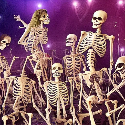 Prompt: photo, a giant crowd of realistic anatomically correct skeletons, dancing sensually with a multi-ethnic group of beautiful human women wearing intricate beatiful colorful rococo gowns, inside a hellish nightclub lit by candles and blue lasers