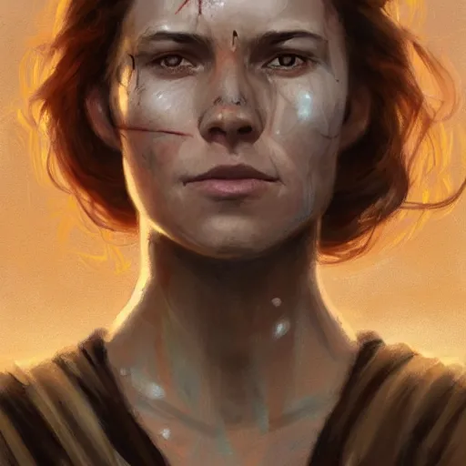 Image similar to portrait of an woman by Greg Rutkowski, she is about 20 years old, pretty, long brown wavy hair, scar near her mouth that makes her look like she's smiling all the time, wearing jedi robes, Star Wars Expanded Universe, highly detailed portrait, digital painting, artstation, concept art, smooth, sharp foccus ilustration, Artstation HQ