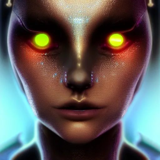 Prompt: futuristic mystic avatar, black alirn eyes, ultra detailed face and eyes, pfp, luminous effects, cinematic, soft lighting, dark background by awarded concept art, sci - fi, 8 k resolution, artstation hd