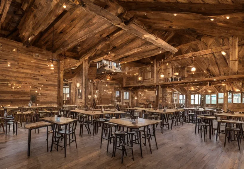 Image similar to interior barn renovation as folk music event space rustic with bar and cafe tables 8k photorealistic
