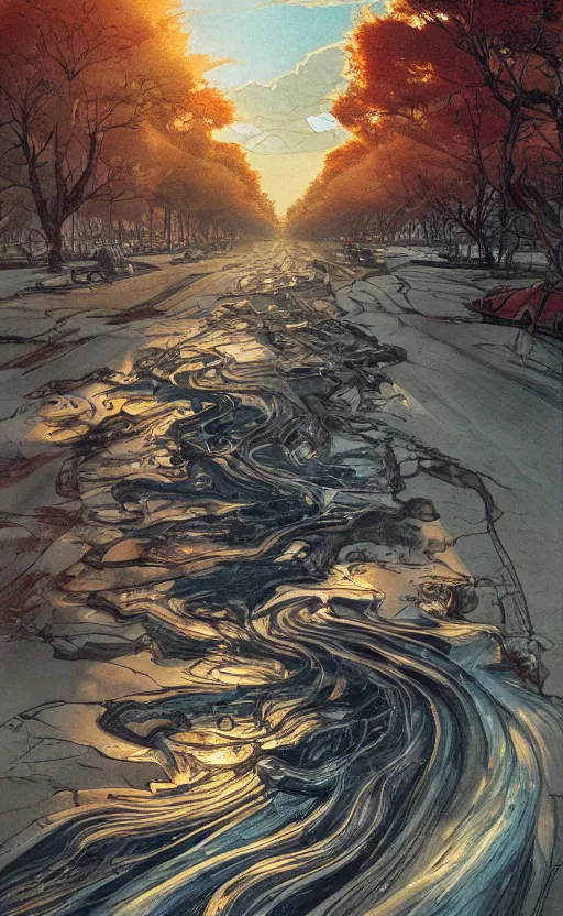 Image similar to paperback book cover by kim jung gi. 1 9 5 0 s. pure colors, melting clouds, accurately drawn details, a sunburst above a receding road with the light reflected in furrows and ruts, after rain. photorealistic. octane render. cinematic. trending on artstation. textless.