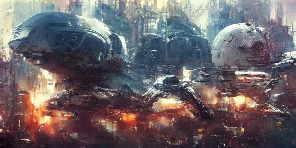 Image similar to hi - tech alien space ship crashed on dystopian earth, nyc 2 0 7 7, detailed, sharp focus, brush strokes, technicolor, by john berkey, craig mullins.