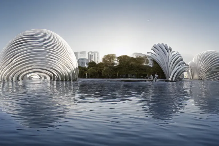 Image similar to a building formed by the cross combination and fusion of 2 0 white spherical and egg shaped spaces of different sizes, on the calm lake surface, people's perspective modern curved architecture, future, wood, marble, metal award winning, highly detailed 4 k art, dusk, unreal engine highly rendered, global illumination, radial light, internal environment by kazuyo sejima