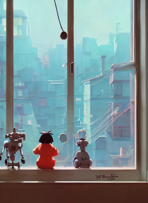 Prompt: seen through a window, robot toy shop, detailed, cory loftis, james gilleard, atey ghailan, makoto shinkai, goro fujita, studio ghibli, rim light, exquisite lighting, clear focus, soft painting, ethereal, 8 k