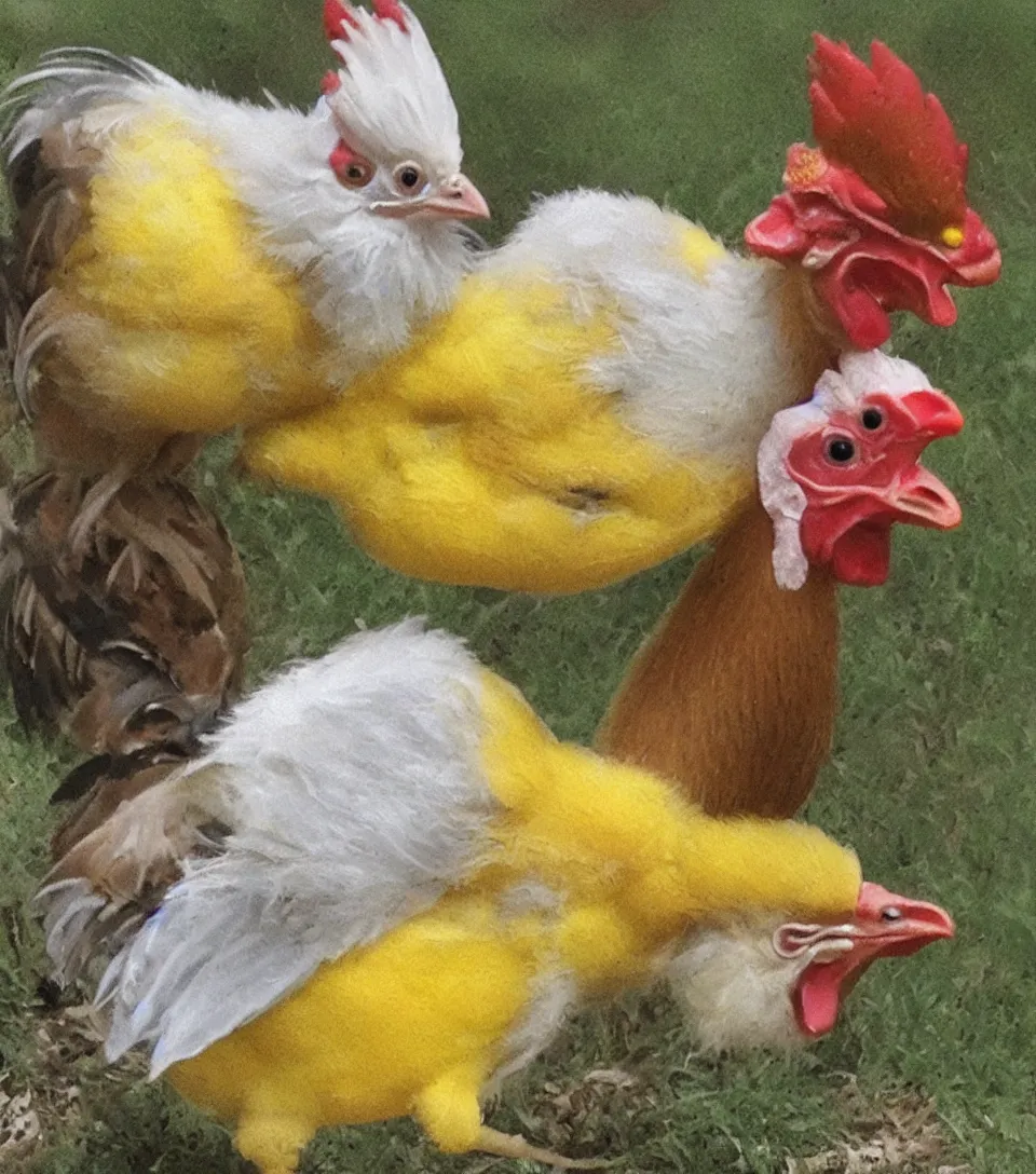 Prompt: realistic cute yellow hatchling chick getting a tiny birthday present from a rooster