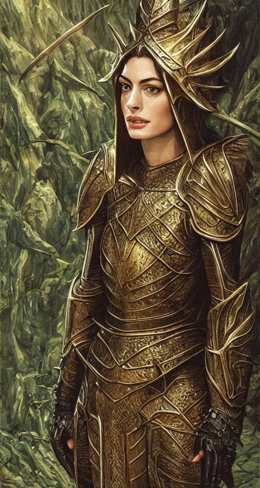 Image similar to Detailed painting of anne hathaway wearing elven armor by Ted Nasmith