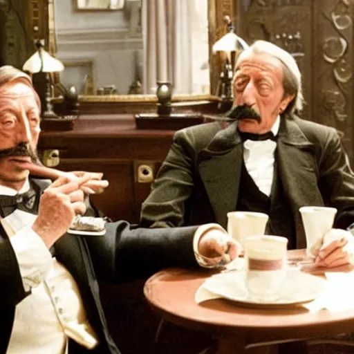 Prompt: jean rochefort and mathieu amalric, symmetric, realistic, realism, early 2 0 th century gentlemen, sitting at coffee table, smoking a cigar. top hat on the table