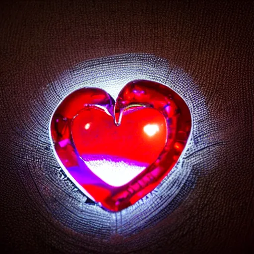 Image similar to a chrome carved heart, glowing gemstone, red light, intricate artwork, graphic style of Patrick Gleason very coherent symmetrical artwork, depth of field, bokeh