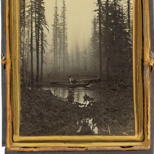 Prompt: hunter sitting in a canoe on the river, deep in the wilderness early in the misty morning in later winter or early spring, boreal forest, 19th century