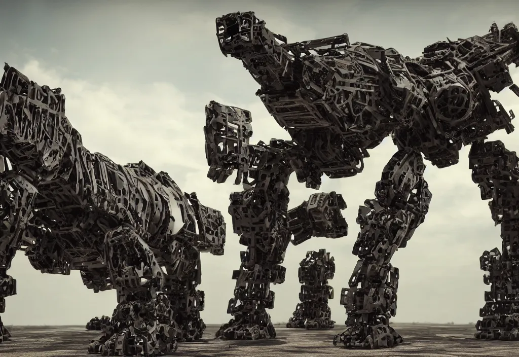 Image similar to military quadruped tiger shaped mech, with black carbon fibre muscular limbs, sinew, intricate parts, parametric design, pistons, robotics, modern, on an empty grimy concrete background, weta, cinematic, realistic, stylised, unreal engine, hyper realistic, octane render