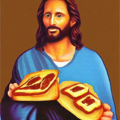 Image similar to photo realistic portrait of jesus eating toast, made with crayons