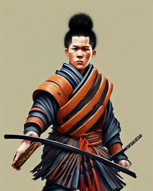 Image similar to portrait of devin booker as a ronin samurai, wearing a haori, by wlop and peter mohrbacher, dramatic action pose, extremely detailed shading, concept art, digital painting, trending on artstation, atmosphere, glow, cinematic lighting, full of color