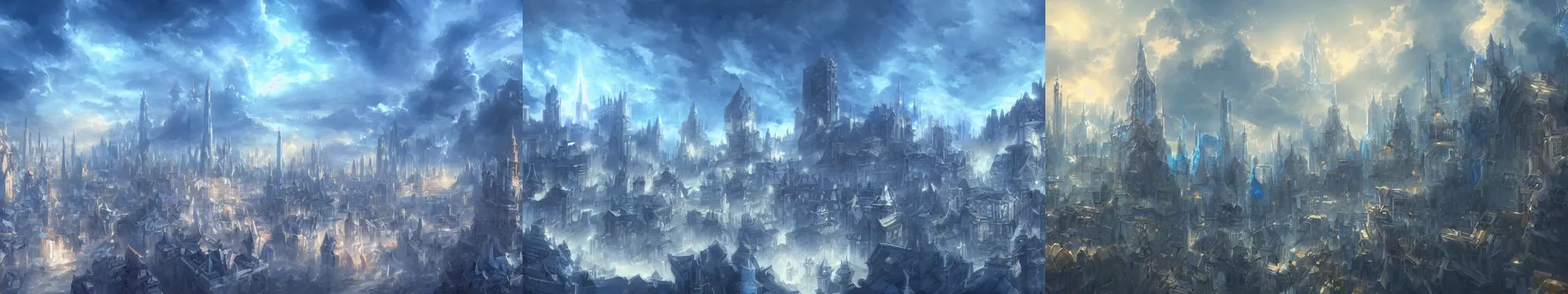 Prompt: city of mages. white buildings, towers. blue sky, lighting. fantasy, digital painting, hd, detailed.