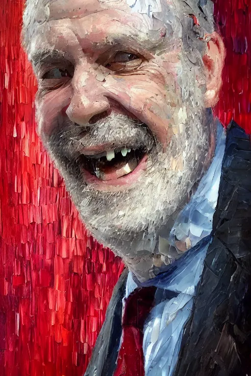 Image similar to palette knife oil painting portrait of lars erickson, a greying man who is relaxed and reliant. he wears a suit shirt with no jacket, red suspenders, a loose tie, and folded up sleeves. dashing smile., extreme detail, artstation trending, noir, artgerm, any racial background, deviant art, octane, substance, art history 8 k