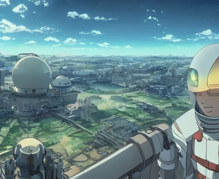 Image similar to A mars colony under construction, peaceful and serene, incredible perspective, soft lighting, anime scenery by Makoto Shinkai and studio ghibli, very detailed