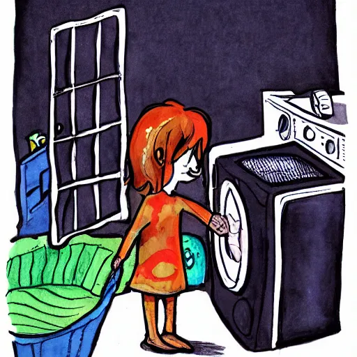 Image similar to childrens book illustration of a demon standing next to the washing machine in a basement, ink and watercolor