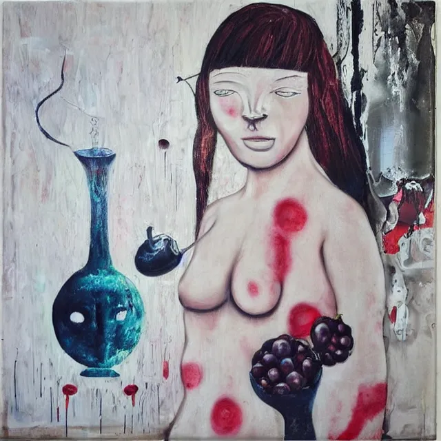 Image similar to “ a portrait in a female art student ’ s apartment, sensual, a pig theme, pork, pottery supplies, sculpture work in progress, a candle dripping white wax, pottery glaze, squashed berries, berry juice drips, acrylic and spray paint and oilstick on canvas, surrealism, neoexpressionism ”