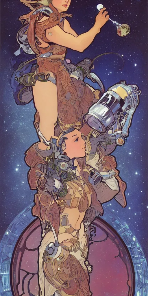 Image similar to a woman wearing outer space as a dress, pouring water from a vase into the milky way, by joe madura, by alphonse mucha, battle chasers.
