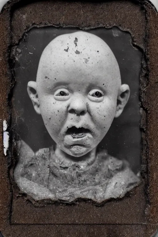 Image similar to dirty cracked crying vintage demonic mouthless bald doll sitting in dirt basement cobwebs tintype photo