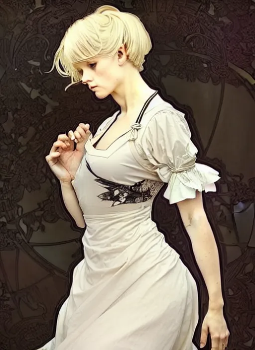 Image similar to digital art by artgerm, greg rutkowski, alphonse mucha. full body!! beautiful platinum blonde victorian maid. beautiful slender face, updo, big blue eyes, fine pointy chin, slender nose, high cheek bones. black maid dress with white apron. lace, embroidery, leather. hyper detailed, intricate, elegant, artstation, smooth, sharp focus