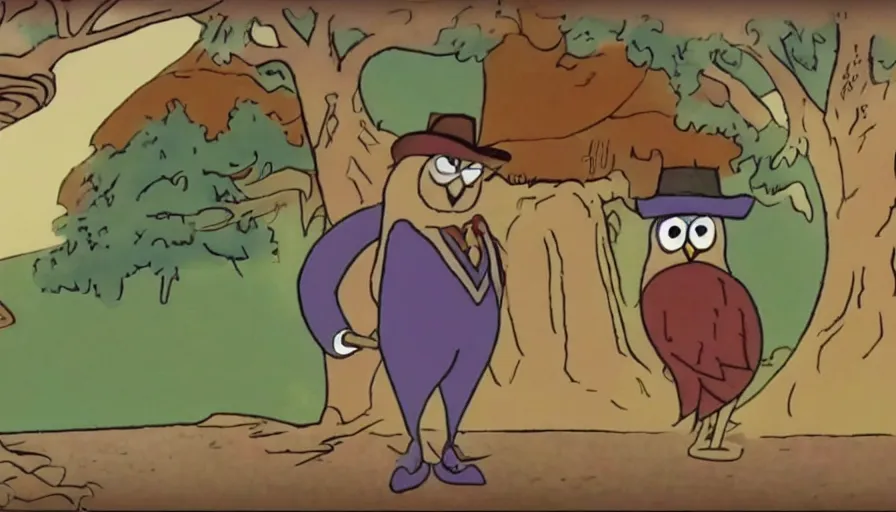 Image similar to 1990s cartoon show screenshot from the animated show an Owl dressed up as the lone ranger in the wild west